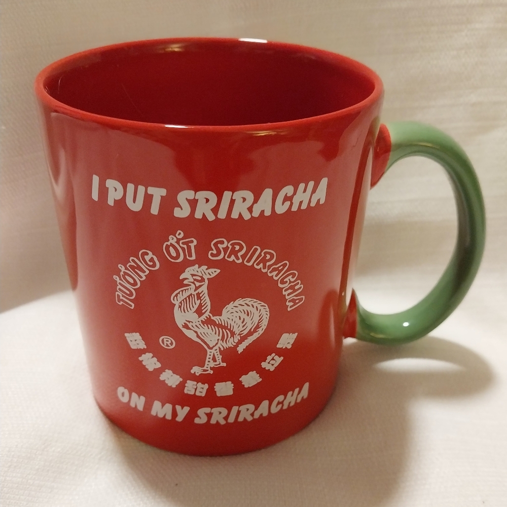 Large Red Ceramic Sriracha Mug with Green Handle